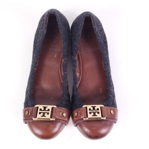 Tory Burch Ambrose Grey Flanel and Leather Ballet Flats